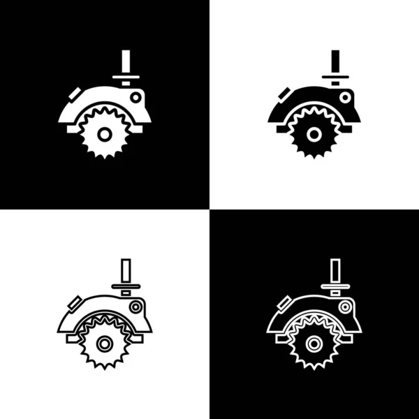 Set elektrische Kreissäge mit Stahlzahnscheibensymbol isoliert auf schwarzem und weißem Hintergrund. elektrisches Handwerkzeug zum Schneiden von Holz oder Metall. Vektorillustration — Stockvektor