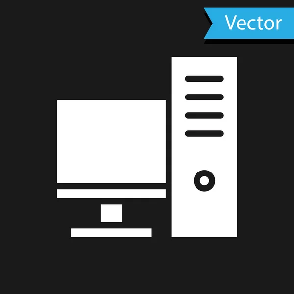 Icono del monitor del ordenador blanco aislado sobre fondo negro. Signo de componente PC. Ilustración vectorial — Vector de stock