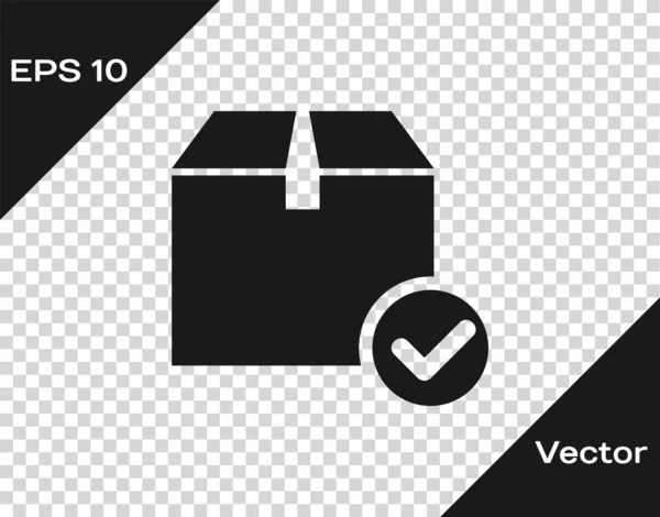 Caja de paquete gris con icono de marca de verificación aislado sobre fondo transparente. Casilla de paquete con marca de verificación. Entrega aprobada o recibo del paquete con éxito. Ilustración vectorial — Vector de stock