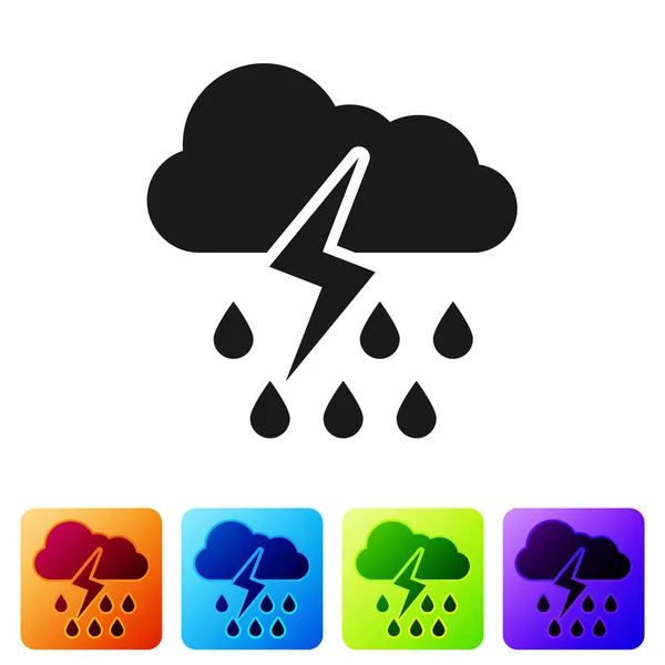 Schwarze Wolke mit Regen und Blitz-Symbol auf weißem Hintergrund. Regenwolken Niederschlag mit Regentropfen. Wettersymbol des Sturms. setzen Sie Symbole in farbigen quadratischen Buttons. Vektorillustration — Stockvektor