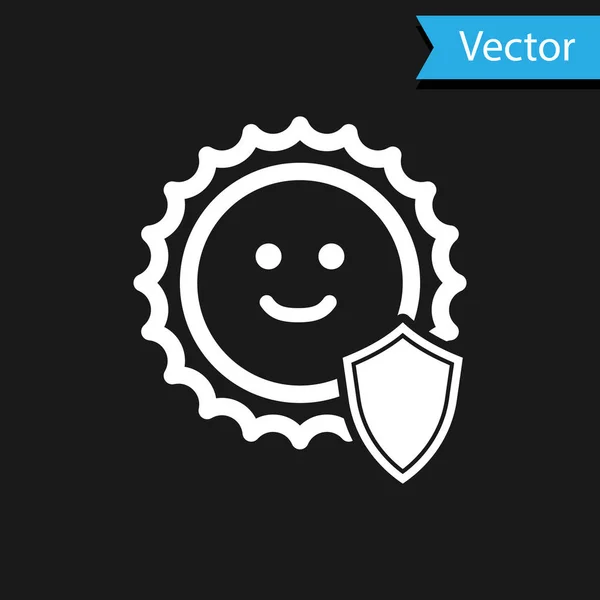 Icono blanco de protección UV aislado sobre fondo negro. Sol y escudo. Radiación ultravioleta. Señal solar SPF. Ilustración vectorial — Vector de stock