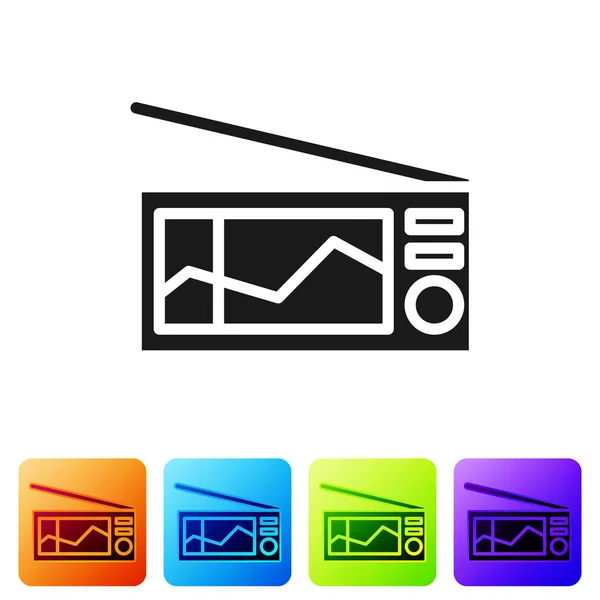 Black Radio with antenna icon isolated on white background. Set icons in color square buttons. Vector Illustration — ストックベクタ