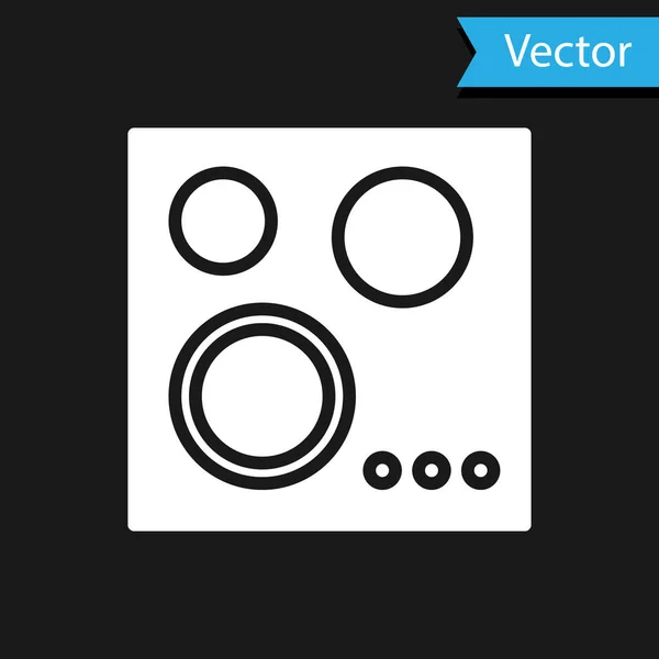 Icono de estufa de gas blanco aislado sobre fondo negro. Signo de cocina. Hob con cuatro quemadores de círculo. Ilustración vectorial — Vector de stock