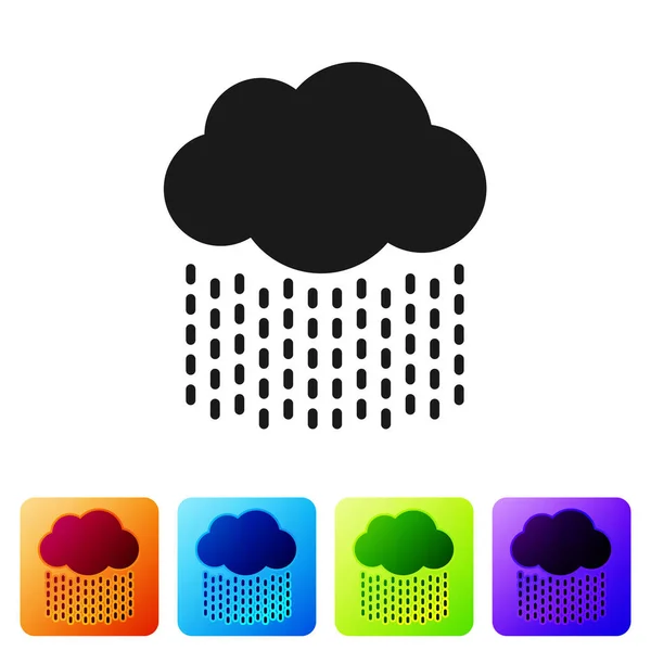 Schwarze Wolke mit Regensymbol auf weißem Hintergrund. Regenwolken Niederschlag mit Regentropfen. setzen Sie Symbole in farbigen quadratischen Buttons. Vektorillustration — Stockvektor