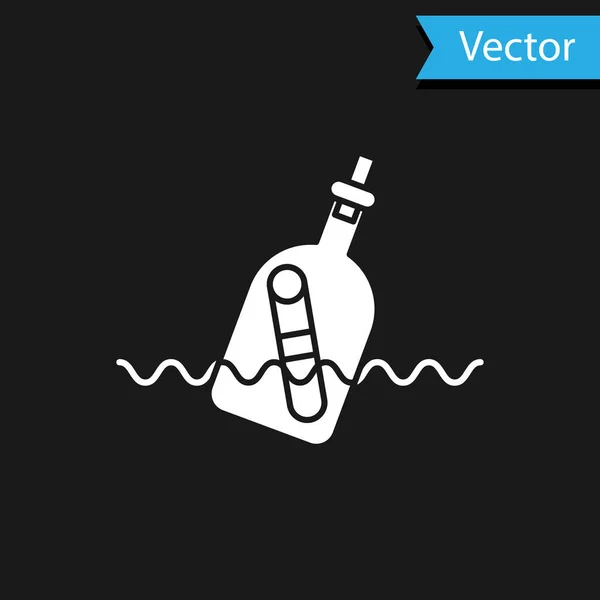 Weiße Glasflasche mit einer Botschaft in Wassersymbol isoliert auf schwarzem Hintergrund. Buchstabe in der Flasche. Piraten-Symbol. Vektorillustration — Stockvektor
