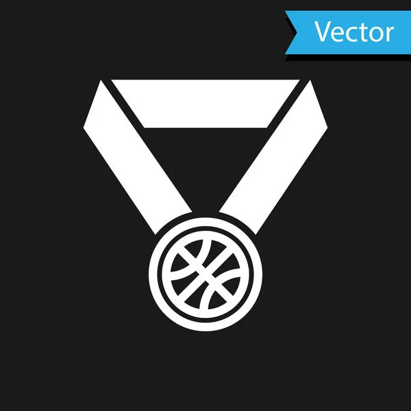 Белая баскетбольная медаль с иконкой ленты на черном фоне. Векторная миграция — стоковый вектор
