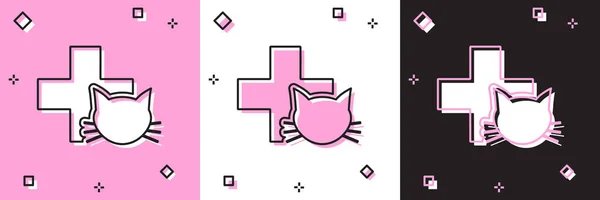 Conjunto ícone de símbolo de clínica veterinária isolado em rosa e branco, fundo preto. Cruze com cuidados veterinários gato. Sinal de primeiros socorros. Ilustração vetorial —  Vetores de Stock