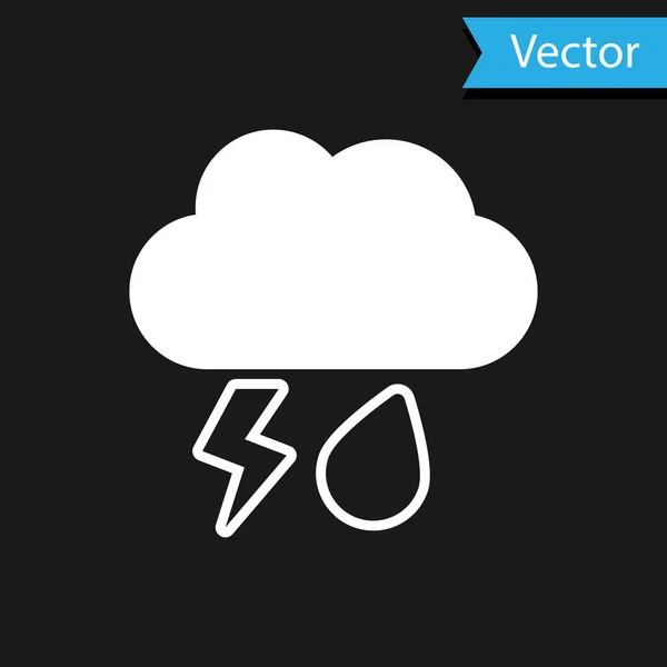 Weiße Wolke mit Regen und Blitz-Symbol isoliert auf schwarzem Hintergrund. Regenwolken Niederschlag mit Regentropfen. Wettersymbol des Sturms. Vektorillustration — Stockvektor