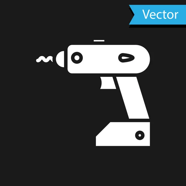 Weißes Akkuschrauber-Symbol isoliert auf schwarzem Hintergrund. Elektrobohrmaschine. Reparaturwerkzeug. Vektorillustration — Stockvektor