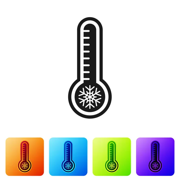 Thermomètre météorologique noir mesurant la chaleur et l'icône froide isolé sur fond blanc. Équipement de thermomètre montrant le temps chaud ou froid. Définir des icônes dans des boutons carrés de couleur. Illustration vectorielle — Image vectorielle