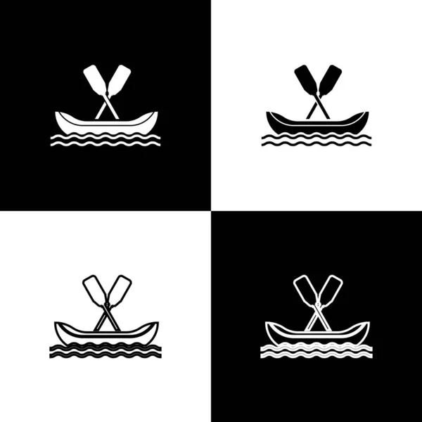 Set Raftingboot-Symbol isoliert auf schwarz-weißem Hintergrund. Kajak mit Paddeln. Wassersport, Extremsport, Urlaub, Urlaub, Teambuilding. Vektorillustration — Stockvektor