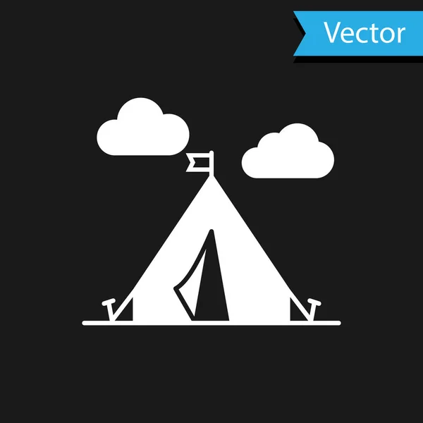 Tente touristique blanche avec icône drapeau isolé sur fond noir. Symbole camping. Illustration vectorielle — Image vectorielle