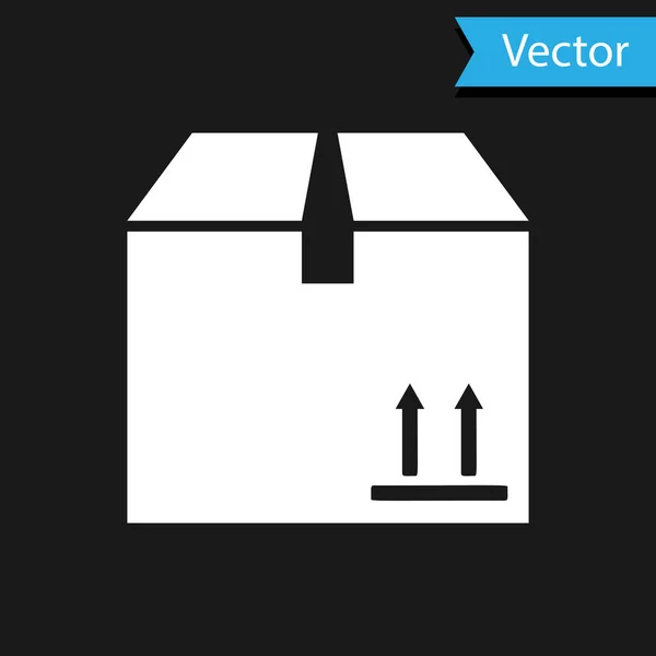 Caja de cartón blanco con icono de símbolo de tráfico aislado sobre fondo negro. Caja, paquete, signo de paquete. Entrega, transporte y envío. Ilustración vectorial — Vector de stock