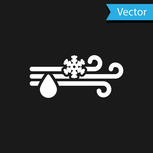 Vento branco e chuva com ícone de neve isolado no fundo preto. Tempo ventoso. Ilustração vetorial — Vetor de Stock