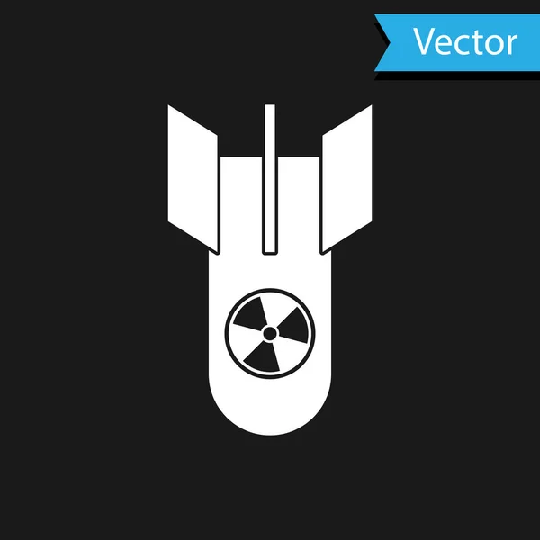 Weißes Atombomben-Symbol isoliert auf schwarzem Hintergrund. Rakete fliegt herunter. Vektorillustration — Stockvektor