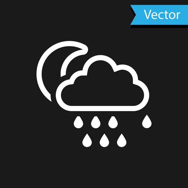 Nube Blanca con la lluvia y el icono de la luna aislados sobre fondo negro. precipitación de nubes de lluvia con gotas de lluvia. Ilustración vectorial — Vector de stock