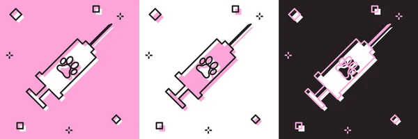 Set Syringe with pet vaccine icon isolated on pink and white, black background. Dog or cat paw print. Vector Illustration — Stock Vector