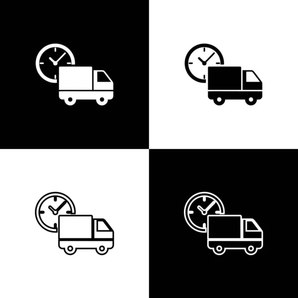 Impostare Logistica consegna camion e icona dell'orologio isolato su sfondo bianco e nero. Icona del tempo di consegna. Illustrazione vettoriale — Vettoriale Stock