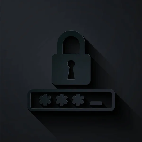 ペーパーカット黒の背景に隔離されたパスワード保護と安全アクセスアイコン。ロックアイコン。セキュリティ、安全性、保護、プライバシーの概念。紙のアートスタイル。ベクターイラスト — ストックベクタ