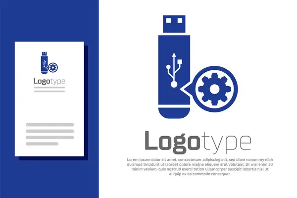 Unidad flash USB azul e icono de engranaje aislado sobre fondo blanco. Ajustar la aplicación, concepto de servicio, opciones de configuración, mantenimiento, reparación, fijación. Elemento de plantilla de diseño de logotipo. Ilustración vectorial — Archivo Imágenes Vectoriales