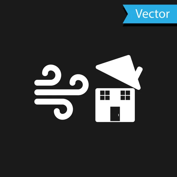 Weiße Tornado-Wirbel beschädigen Hausdächer auf schwarzem Hintergrund. Wirbelsturm, Wirbelsturm, Sturmtrichter, Hurrikan-Windsymbol. Vektorillustration — Stockvektor