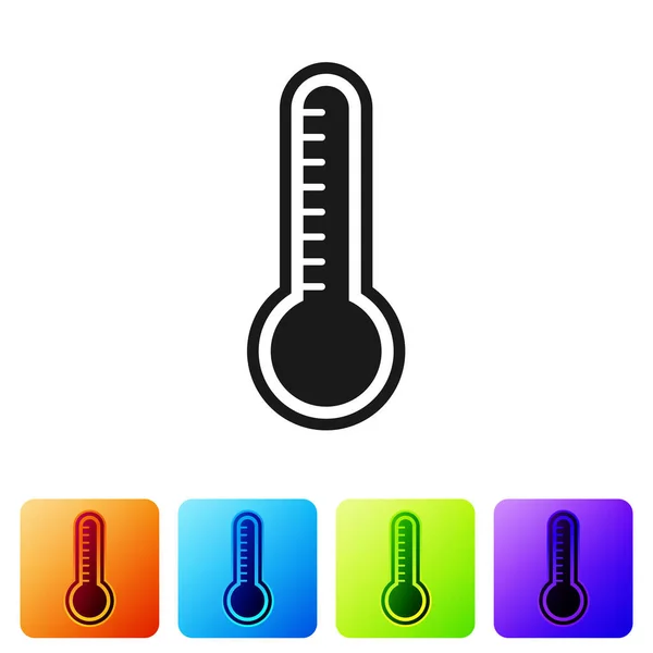 Termômetro de meteorologia preta medindo calor e ícone frio isolado no fundo branco. Equipamento termômetro mostrando clima quente ou frio. Definir ícones em botões quadrados de cor. Ilustração vetorial —  Vetores de Stock