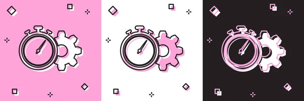 设置时间管理图标孤立的粉红色和白色,黑色背景. 时钟和齿轮的标志。 生产力的象征。 病媒图解 — 图库矢量图片