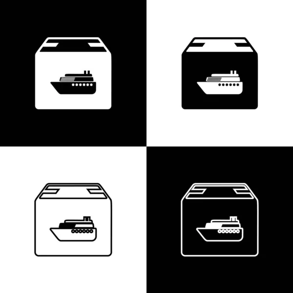 Definir navio de carga com caixas ícone de serviço de entrega isolado em fundo preto e branco. Entrega, transporte. Cargueiro com encomendas, caixas, mercadorias. Ilustração vetorial — Vetor de Stock