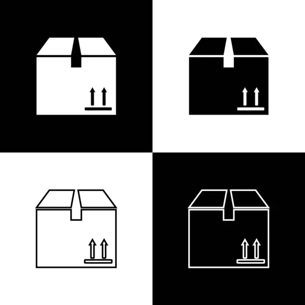 Set Pappschachtel mit Verkehrssymbolsymbol isoliert auf schwarz-weißem Hintergrund. Box, Paket, Paketschild. Lieferung, Transport und Versand. Vektorillustration — Stockvektor
