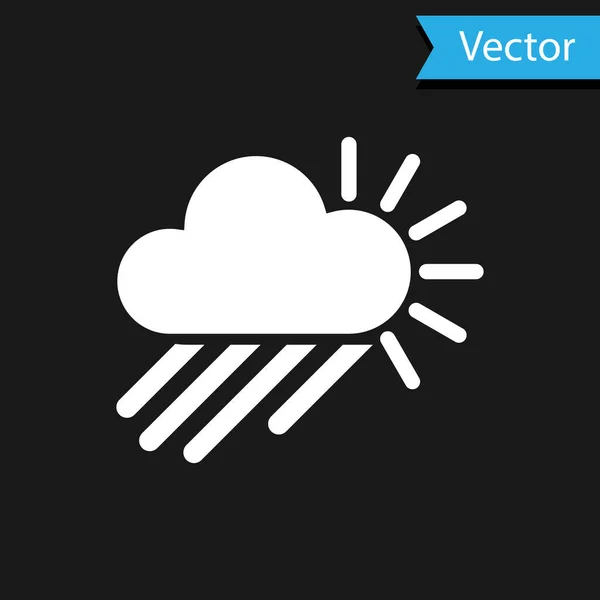 Nublado blanco con la lluvia y el sol icono aislado sobre fondo negro. precipitación de nubes de lluvia con gotas de lluvia. Ilustración vectorial — Vector de stock