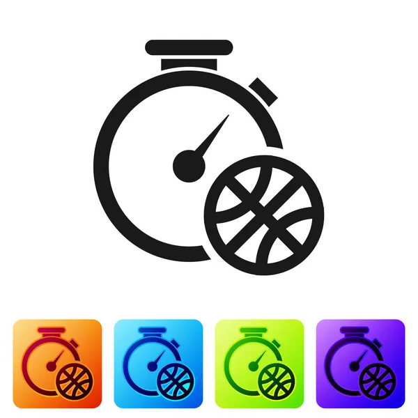 Zwarte Stopwatch met basketbal binnenkant pictogram geïsoleerd op witte achtergrond. Basketbal tijd. Sport en opleiding. Stel pictogrammen in kleur vierkante knoppen. Vector Illustratie — Stockvector