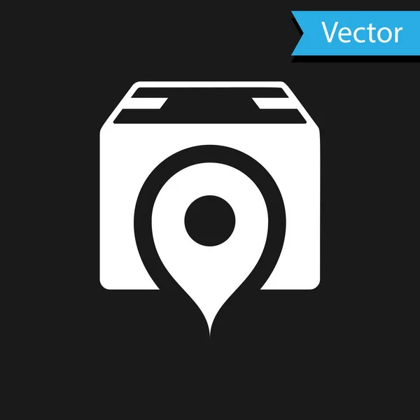Белый логотип с иконкой картонного ящика, выделенной на чёрном фоне. Услуги по доставке, логистике и транспортировке, перемещению, распределению. Векторная миграция — стоковый вектор
