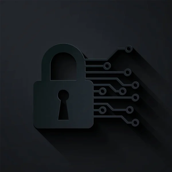 Paper cut Cyber security icon isolated on black background. Closed padlock on digital circuit board. Safety concept. Digital data protection. Paper art style. Vector Illustration — ストックベクタ