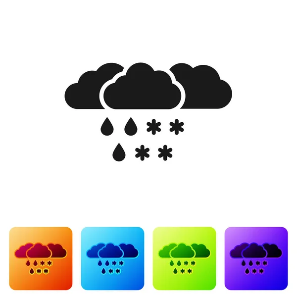 Μαύρο σύννεφο με χιόνι και βροχή εικονίδιο απομονώνονται σε λευκό φόντο. Εικονίδιο καιρού Ορισμός εικονιδίων σε χρωματιστά τετράγωνα κουμπιά. Εικονογράφηση διανύσματος — Διανυσματικό Αρχείο