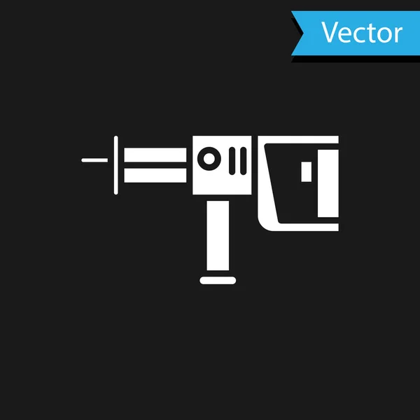 Icono de la máquina perforadora de martillo rotativo eléctrico blanco aislado sobre fondo negro. Herramienta de trabajo para la construcción, acabado, trabajos de reparación. Ilustración vectorial — Vector de stock