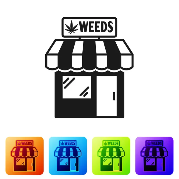Icono de la tienda de marihuana negra y cannabis aislado sobre fondo blanco. Equipos y accesorios para fumar, almacenar cannabis medicinal. Establecer iconos en botones cuadrados de color. Ilustración vectorial — Vector de stock