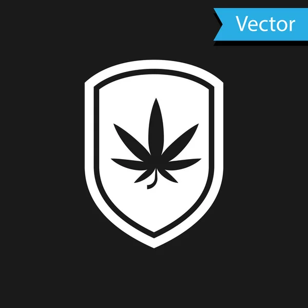 Белый щит и икона листьев марихуаны или конопли выделены на черном фоне. Легализация марихуаны. Символ конопли. Векторная миграция — стоковый вектор