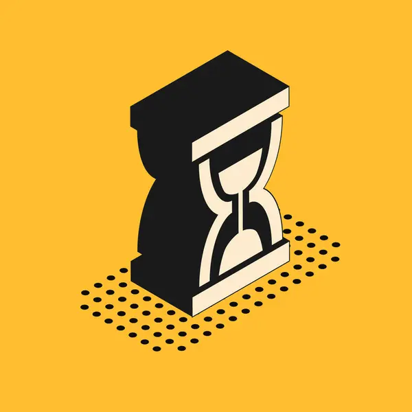Ισομετρική παλιά κλεψύδρα με κινούμενη εικόνα άμμου που απομονώνεται σε κίτρινο φόντο. Πινακίδα ρολογιού. Έννοια διοίκησης επιχειρήσεων και χρόνου. Εικονογράφηση διανύσματος — Διανυσματικό Αρχείο