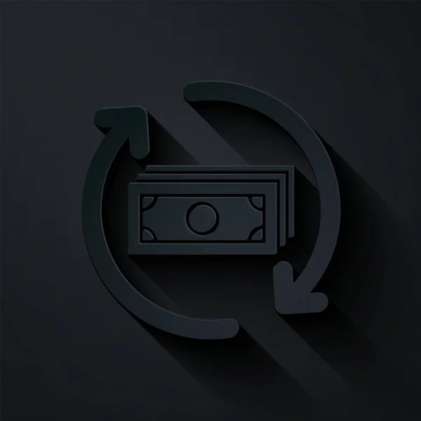 Papperssnitt Återbetalning pengar ikon isolerad på svart bakgrund. Finansiella tjänster, återbetalningskoncept, återbetalning av pengar, avkastning på investeringar, sparkonto. Papperskonst. Vektor Illustration — Stock vektor