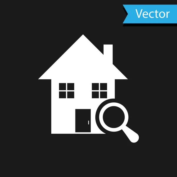 Icono blanco de la casa de búsqueda aislado sobre fondo negro. Símbolo inmobiliario de una casa bajo lupa. Ilustración vectorial — Vector de stock