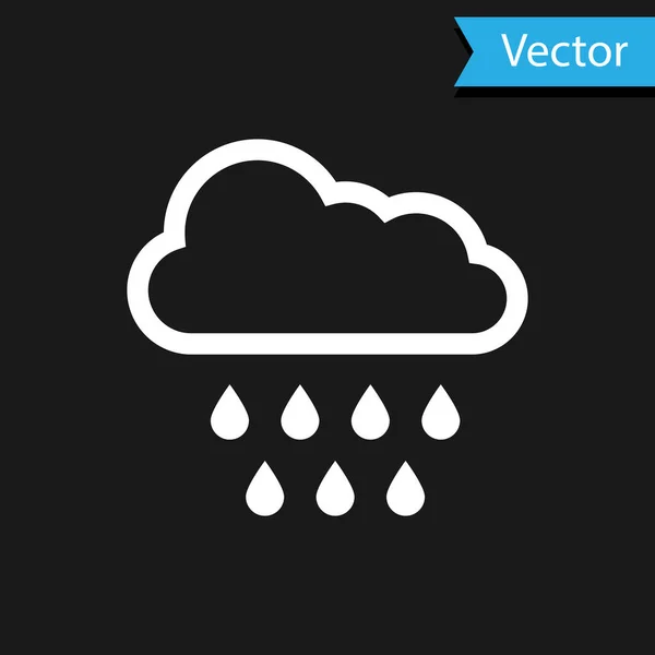 Nuage blanc avec icône de pluie isolée sur fond noir. Précipitation de nuages de pluie avec gouttes de pluie. Illustration vectorielle — Image vectorielle