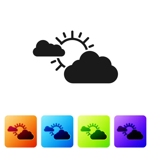 Schwarze Sonne und Wolkenwetter-Ikone isoliert auf weißem Hintergrund. setzen Sie Symbole in farbigen quadratischen Buttons. Vektorillustration — Stockvektor