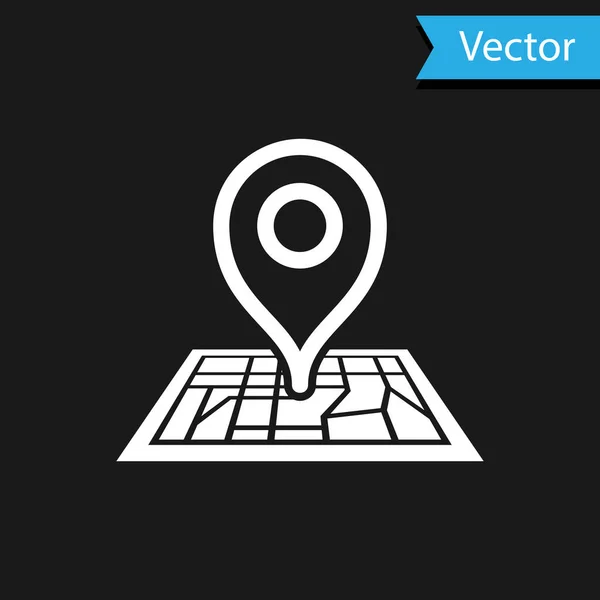 Marcador de posición blanco sobre papel mapa en perspectiva icono aislado sobre fondo negro. Ilustración vectorial — Vector de stock