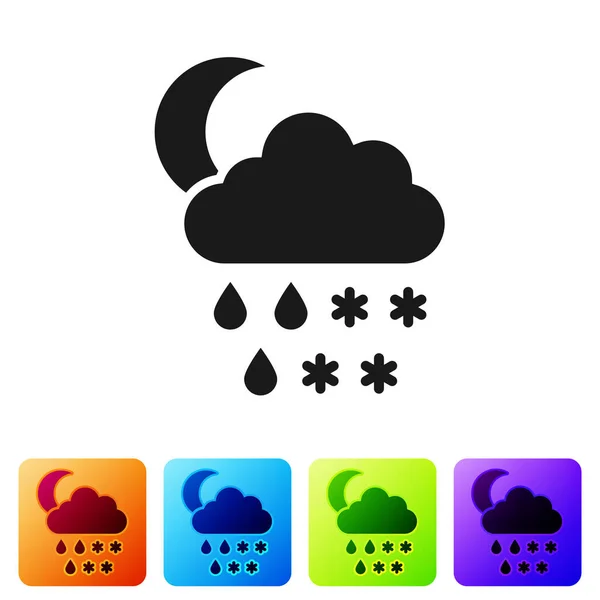 Schwarze Wolke mit Schnee, Regen und Mond-Ikone auf weißem Hintergrund. Wettersymbol. setzen Sie Symbole in farbigen quadratischen Buttons. Vektorillustration — Stockvektor