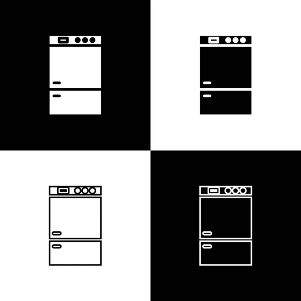 Setzen Sie das Kühlschranksymbol isoliert auf schwarzem und weißem Hintergrund. Kühlschrank mit Gefrierfach Kühlschrank. Haushaltstechnologie und Haushaltsgeräte. Vektorillustration — Stockvektor