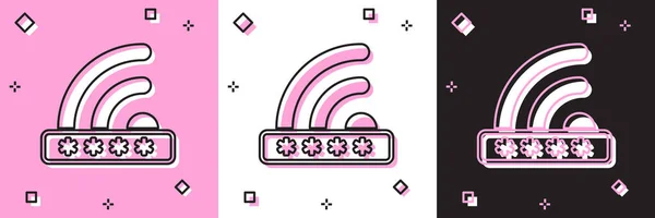 Set Wifi verrouillé icône du signe isolé sur fond rose et blanc, noir. Mot de passe symbole wi-fi. icône de réseau sans fil. Zone Wifi. Accès limité. Illustration vectorielle — Image vectorielle