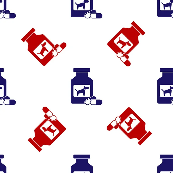 Kék és piros Kutya gyógyszer palack és tabletták ikon elszigetelt zökkenőmentes minta fehér háttér. Tablettás tartály. Receptköteles gyógyszer állatoknak. Vektorillusztráció — Stock Vector
