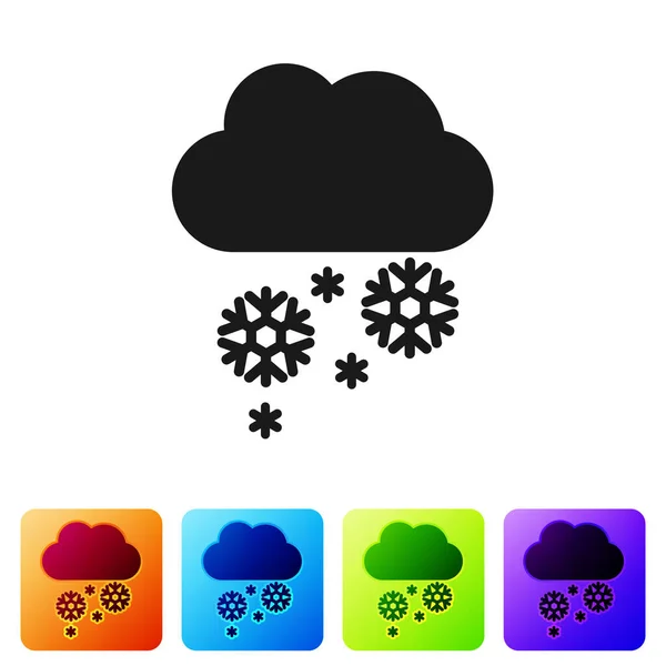 Schwarze Wolke mit Schnee-Symbol auf weißem Hintergrund. Wolke mit Schneeflocken. einzelnes Wettersymbol. Schneeschild. setzen Sie Symbole in farbigen quadratischen Buttons. Vektorillustration — Stockvektor