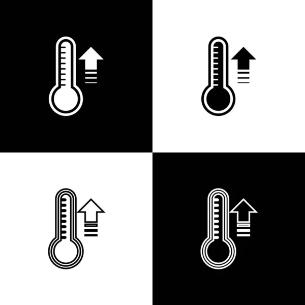 Réglez Thermomètre météorologique mesurant la chaleur et l'icône froide isolé sur fond noir et blanc. Équipement de thermomètre montrant le temps chaud ou froid. Illustration vectorielle — Image vectorielle