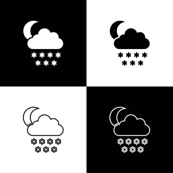 Gesetzt Wolke mit Schnee und Mond-Symbol isoliert auf schwarz-weißem Hintergrund. Wolke mit Schneeflocken. einzelnes Wettersymbol. Schneeschild. Vektorillustration — Stockvektor